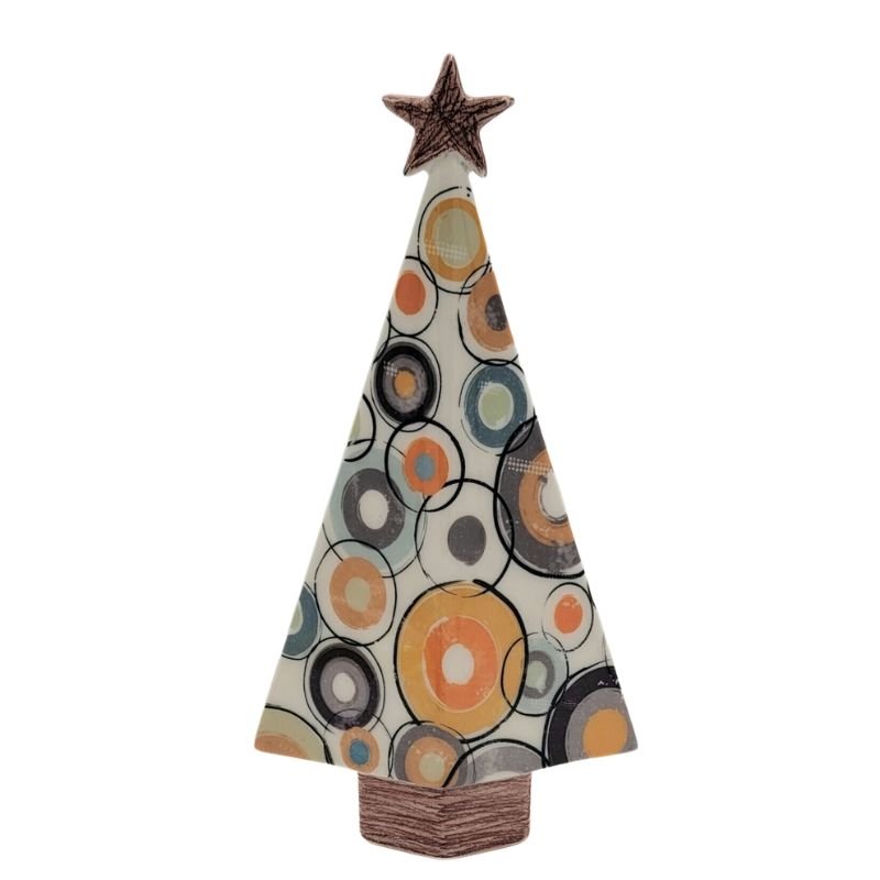 Ceramic tea tree light shaped like a Christmas tree with a star on top with colorful geometric circles