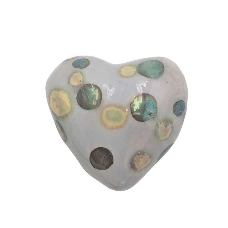 Ceramic heart with gold and green polka dot design and iridescent glaze by Paola Staccioli.