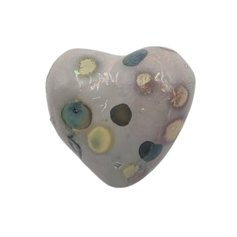 Ceramic heart with gold and green polka dot design and iridescent glaze by Paola Staccioli.