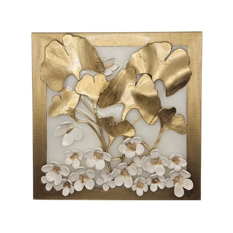 Handcrafted ginkgo leaves with white stephanotis flowers sealed in resin on a white-painted hardwood base, wall-hanging hardware included.