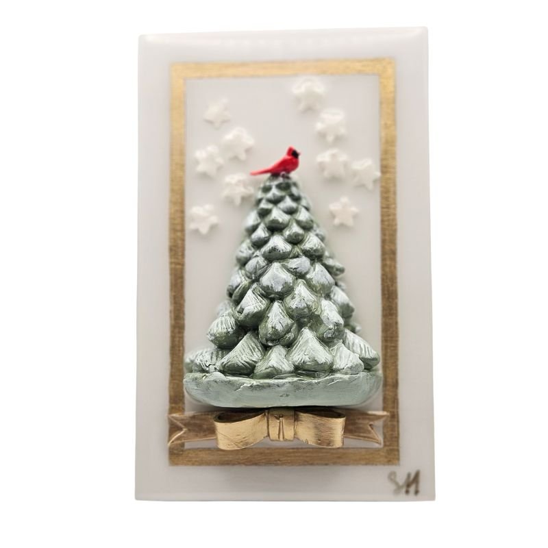 Handcrafted green tree with gold bow and white stars sealed in resin on a white-painted hardwood base, wall-hanging hardware included.