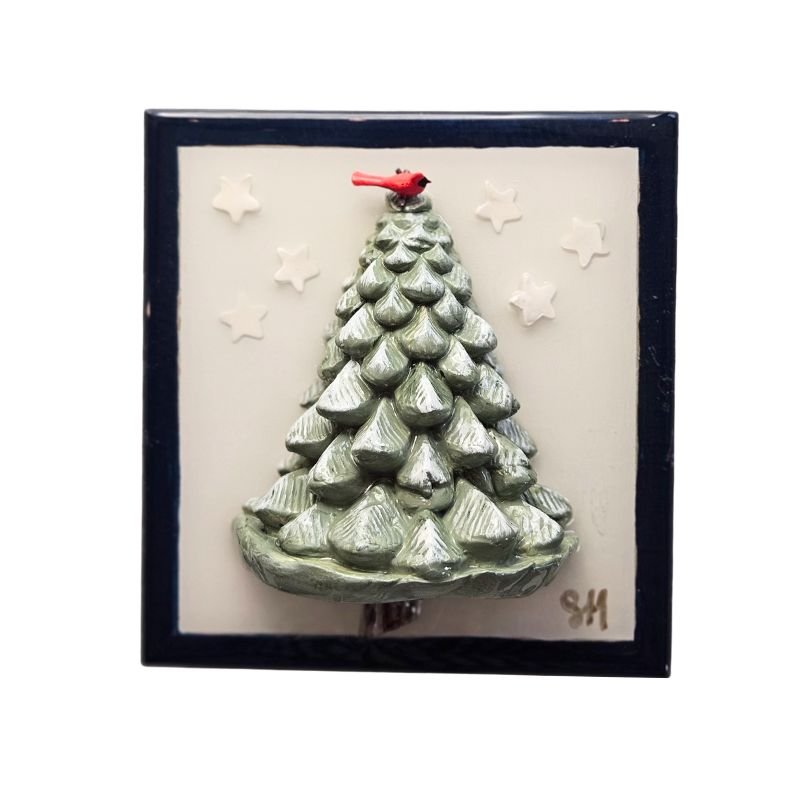 Handcrafted green tree with red bird and white stars sealed in resin on a white-painted hardwood base, wall-hanging hardware included.