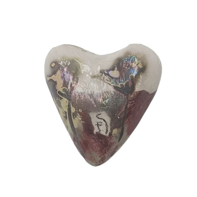 Handcrafted ceramic heart with earthy floral design in gold, taupe, and plum tones, finished with an iridescent glaze.