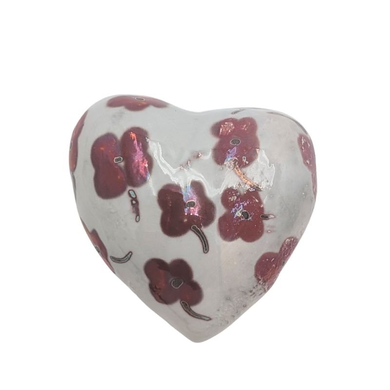 Ceramic heart with deep rose floral pattern and iridescent glaze by Paola Staccioli.