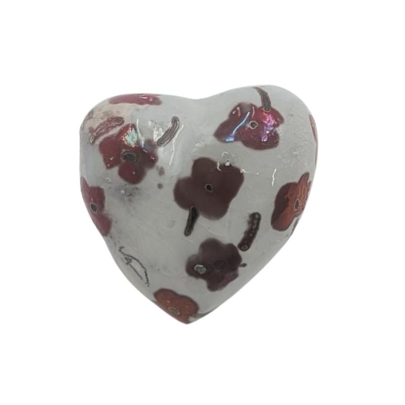 Ceramic heart with deep rose floral pattern and iridescent glaze by Paola Staccioli.