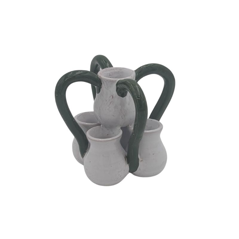 Handcrafted Italian ceramic tulipiere vase with green handles and five vessels, artisan pottery.