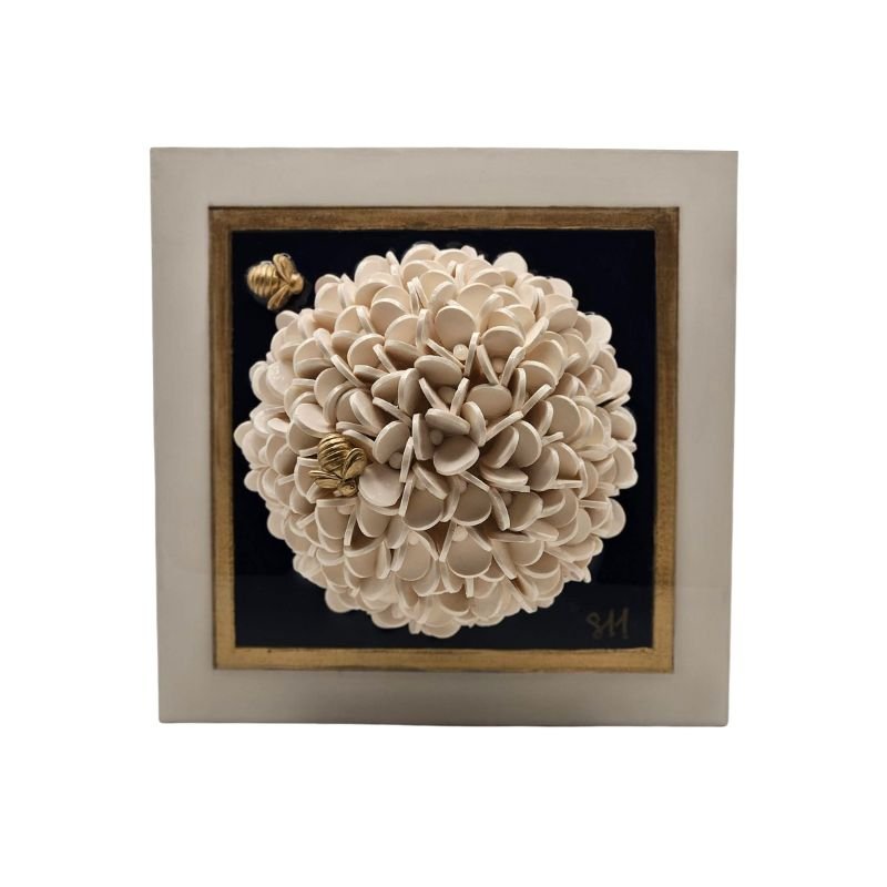 Handcrafted hydrangea with two bees sealed in resin on a navy-painted hardwood base, wall-hanging hardware included.