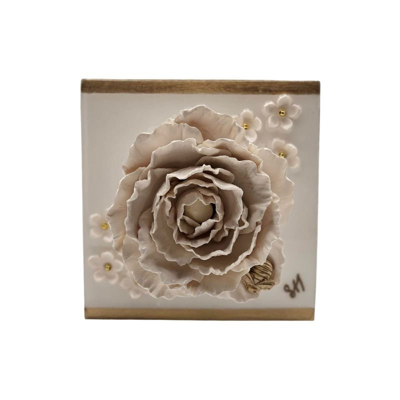 Handcrafted peony and stephanotis flowers sealed in resin on a white-painted hardwood base, wall-hanging hardware included.